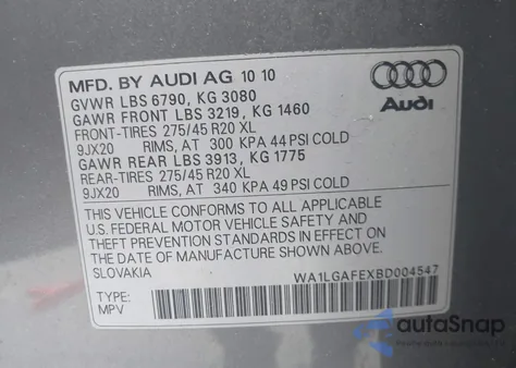 2011 Audi Q7 3.0T Premium from USA, damaged, VIN WA1LGAFEXBD004547